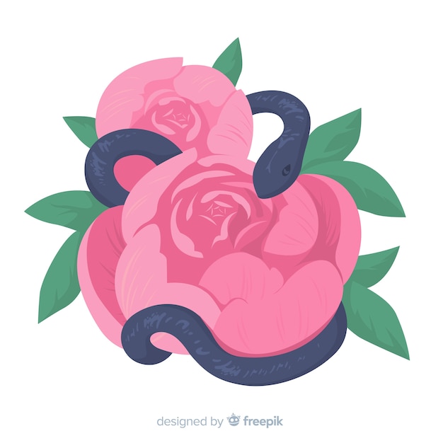 Free vector hand drawn snake with roses background