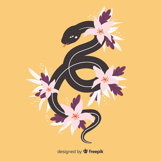 Free vector hand drawn snake with tropical flowers background