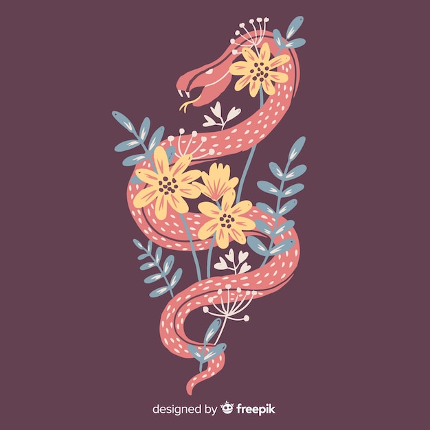 Hand drawn snake wounded on flowers background