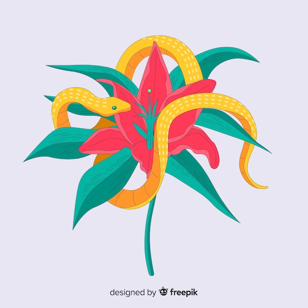 Free vector hand drawn snake wounded on tropical flower background