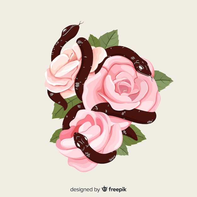 Free vector hand drawn snakes with roses background