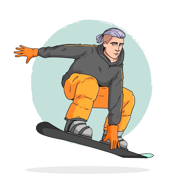 Illustrazione disegnata a mano del fumetto dello snowboard