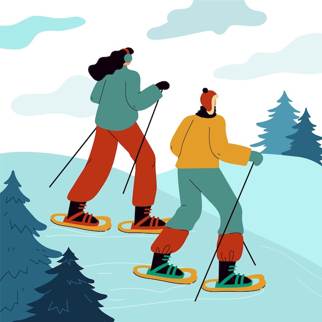 Hand drawn snowshoeing illustration