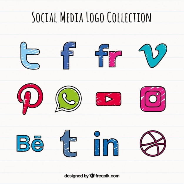 Hand drawn social media colored icons