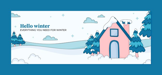 Free Vector hand drawn social media cover template for winter with house in snow