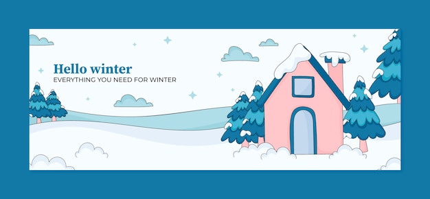 Hand drawn social media cover template for winter with house in snow