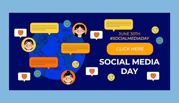 Free vector hand drawn social media day horizontal banner template