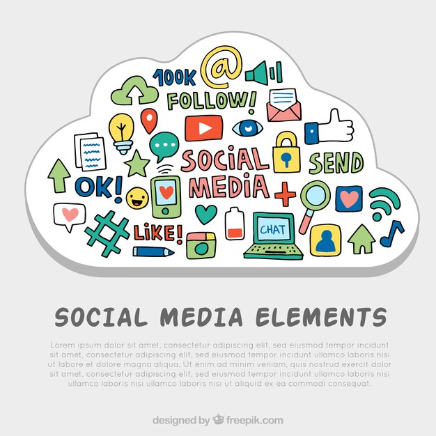 Hand drawn social media elements in a cloud shape