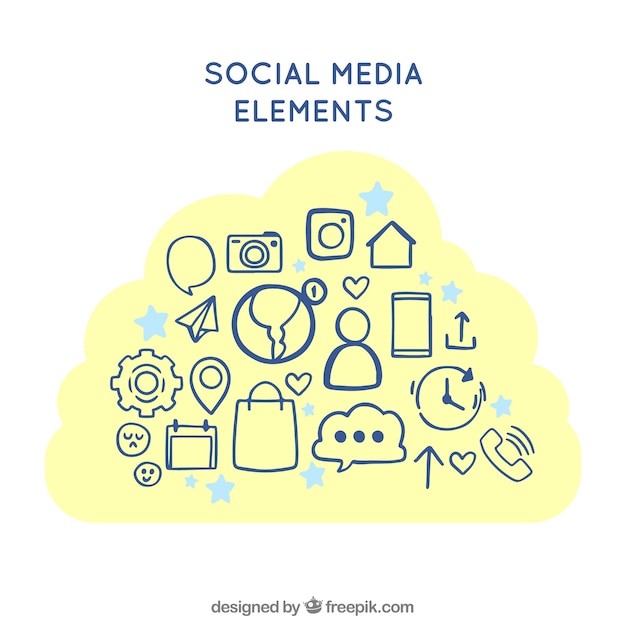 Hand drawn social media elements in a cloud shape