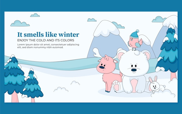 Hand drawn social media post template for winter with animals in snow