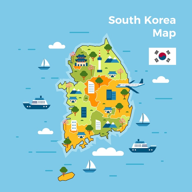 Vettore gratuito illustrazione della mappa della corea del sud disegnata a mano