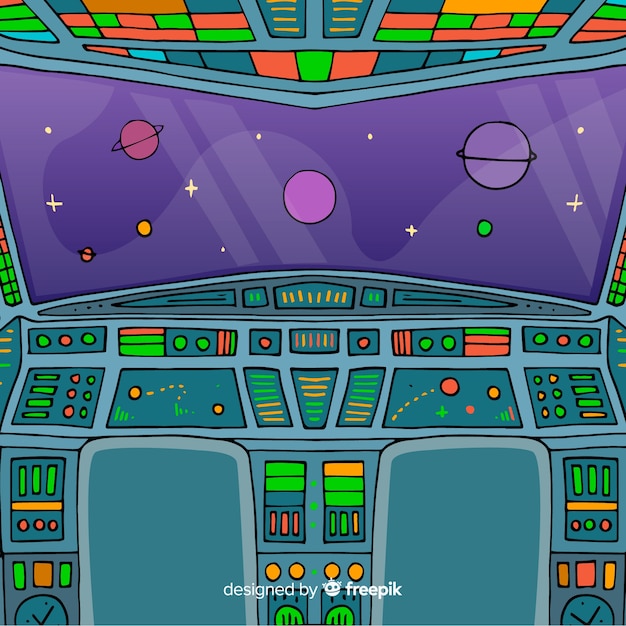 無料ベクター 手描きの宇宙船の内部の背景