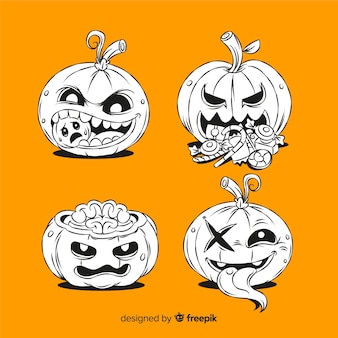 Hand drawn spooky pumpkins on orange background Free Vector