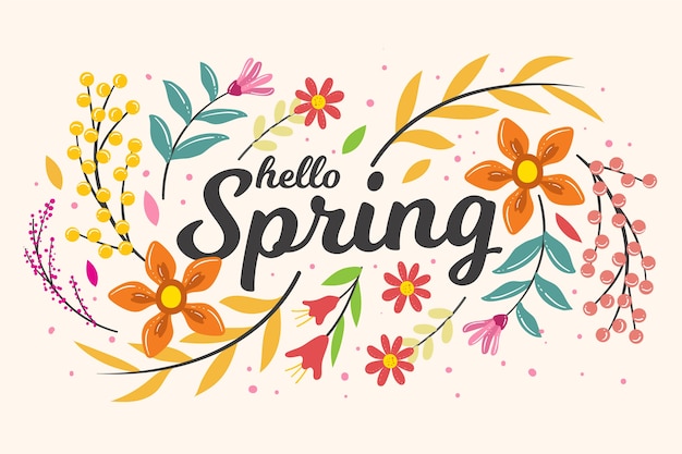 Hand drawn spring background with colorful flowers and leaves