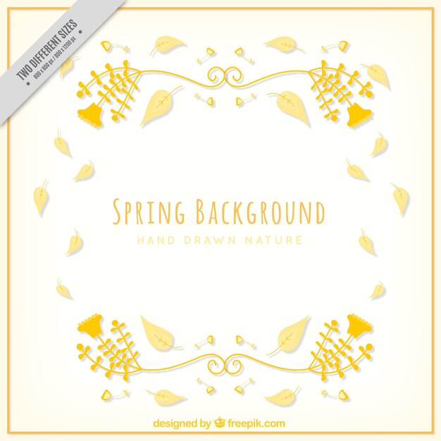 Hand-drawn spring background with leaves and flowers