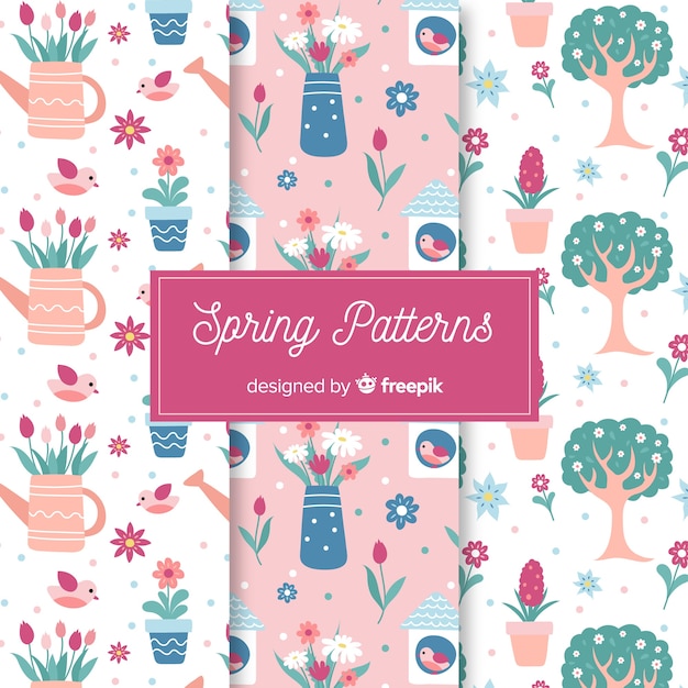 Hand drawn spring elements pattern set