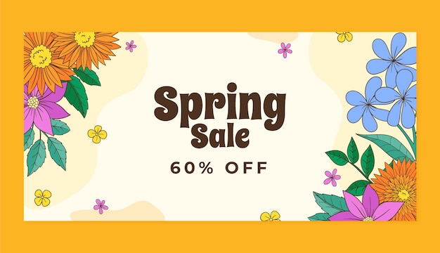 Hand drawn spring floral horizontal sale banner template