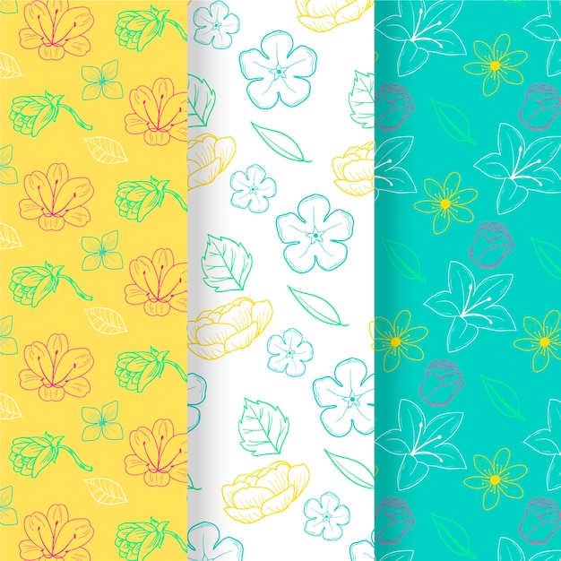 Hand drawn spring floral pattern set