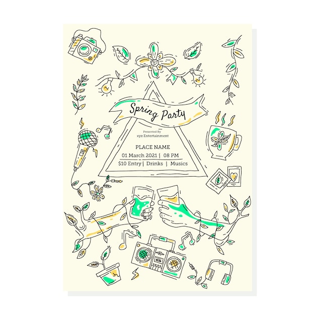 Hand drawn spring flyer template with colourful elements