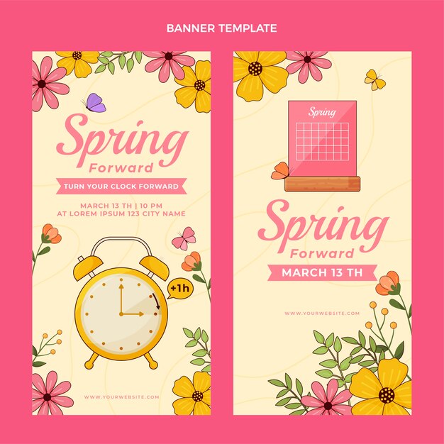 Hand drawn spring forward horizontal floral banners set with clock