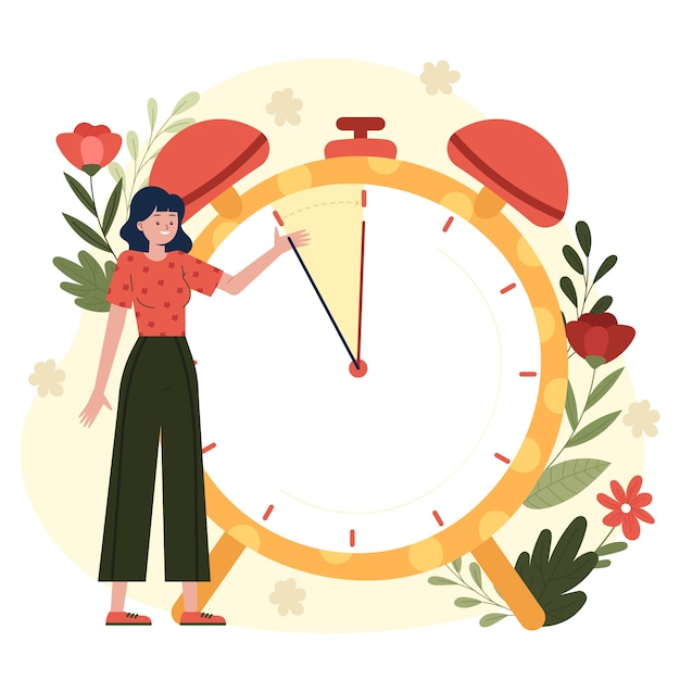 Hand drawn spring forward illustration with woman and clock