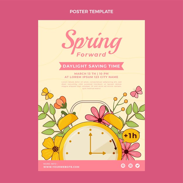 Hand drawn spring forward vertical floral poster template with clock