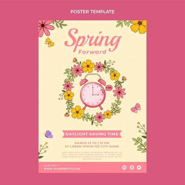 Hand drawn spring forward vertical floral poster template with clock