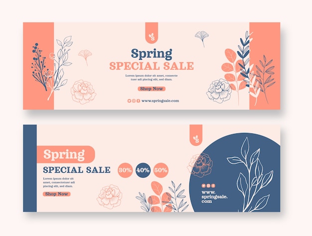 Free vector hand drawn spring horizontal banners set