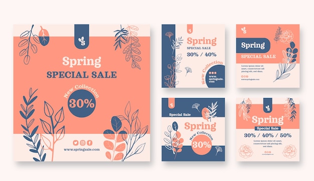 Free vector hand drawn spring instagram posts collection