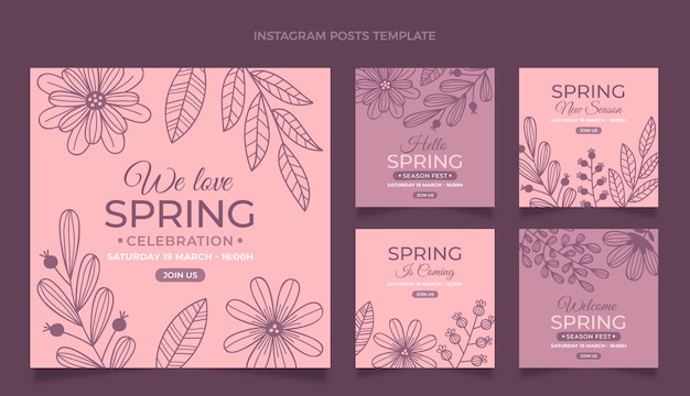 Vettore gratuito collezione di post di instagram primaverili disegnati a mano