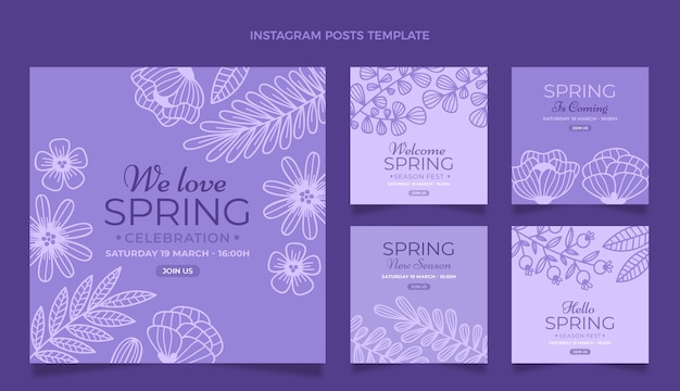 Vettore gratuito collezione di post di instagram primaverili disegnati a mano