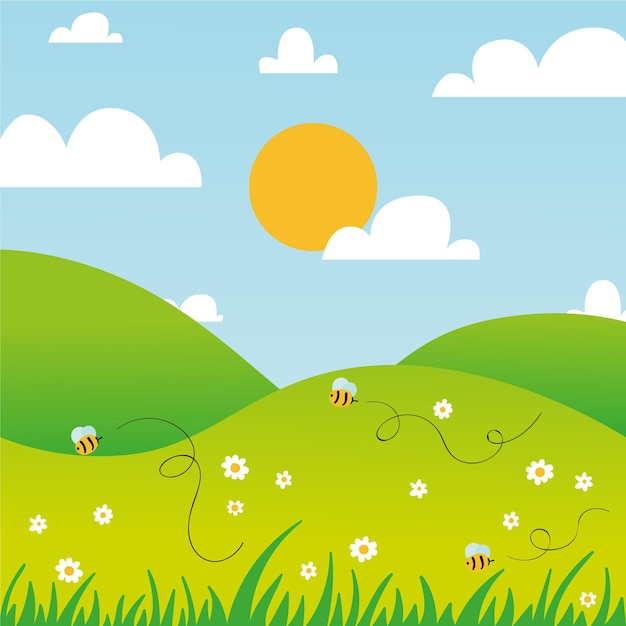 Free vector hand drawn spring landscape with bees and sun