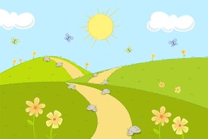 Free vector hand drawn spring landscape with sun