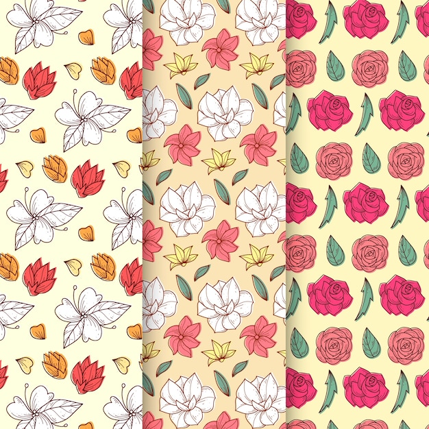 Hand drawn spring pattern collection with beautiful flowers