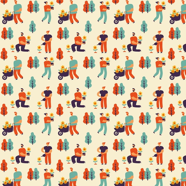 Free vector hand drawn spring pattern collection with people and gardening