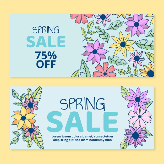 Hand drawn spring sale horizontal banners set