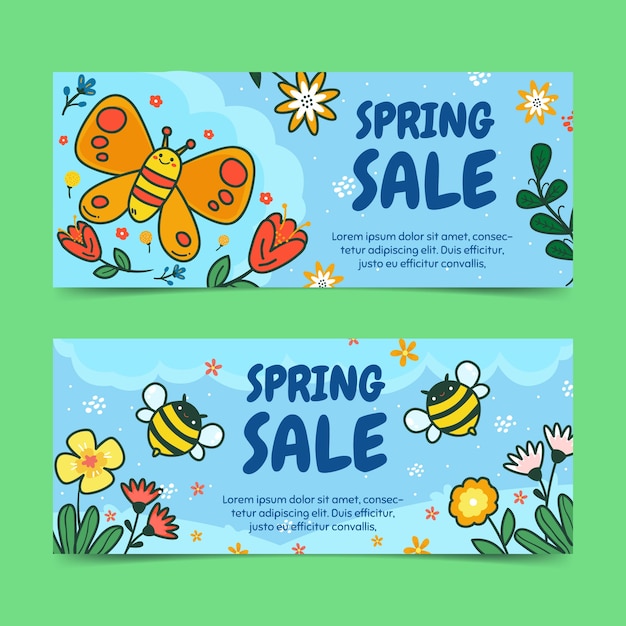 Free vector hand drawn spring sale horizontal banners set