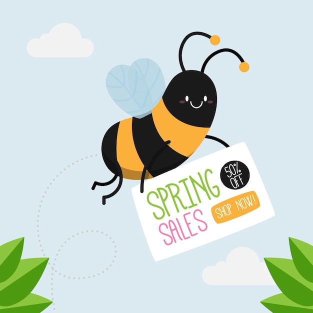 Free vector hand drawn spring sale promo with bee