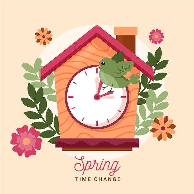 Hand-drawn spring time change illustration with clock and bird