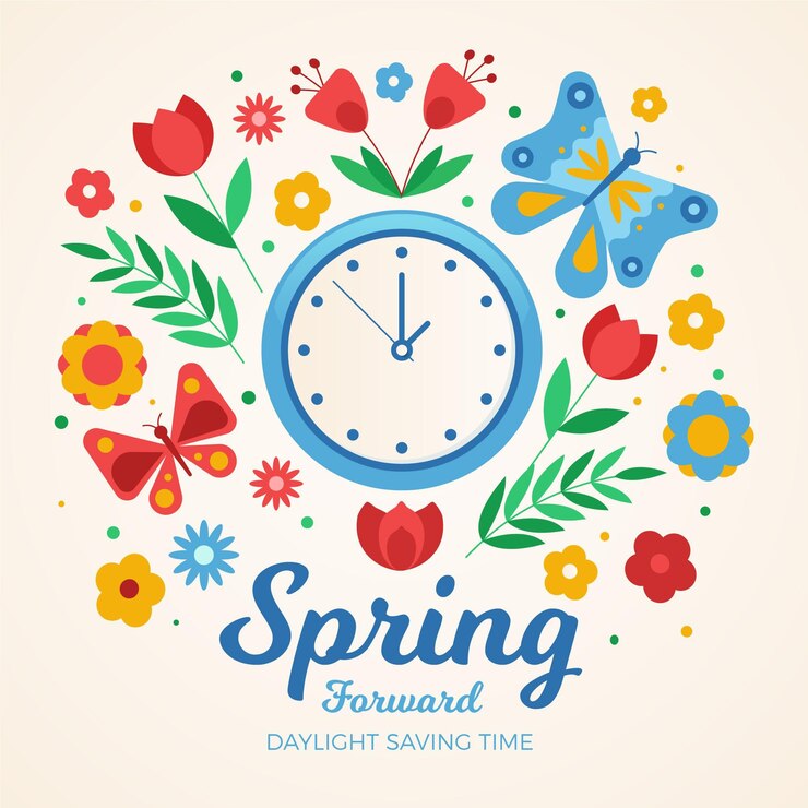 Free Vector hand-drawn spring time change illustration with clock and flowers