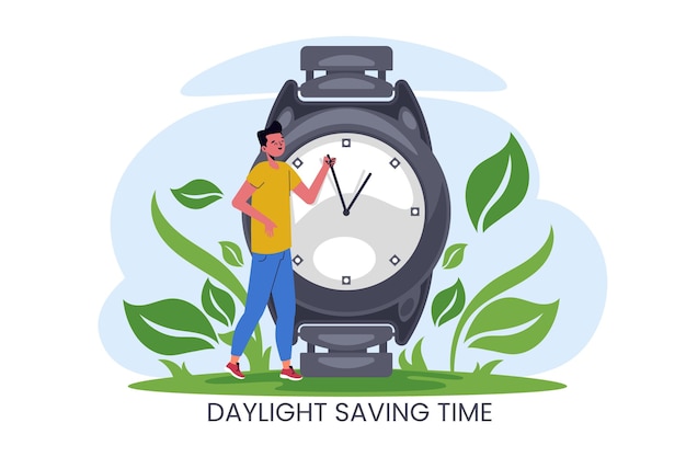 Free vector hand-drawn spring time change illustration with man and wristwatch