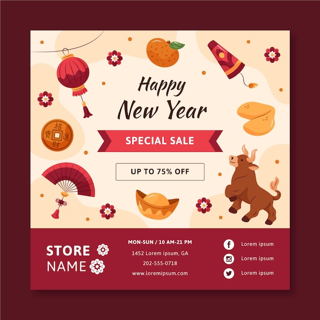 Free vector hand-drawn square flyer template for chinese new year