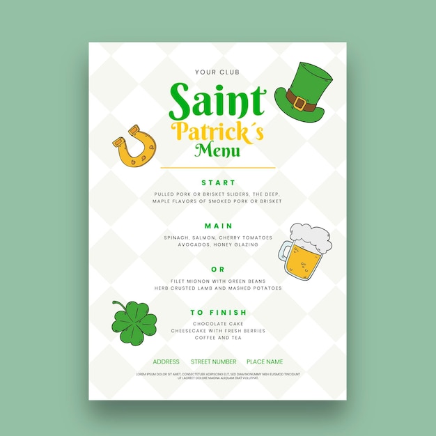 St disegnati a mano. modello di menu verticale di patrick's day