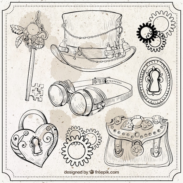 Vettore gratuito disegnati a mano elementi steampunk impostati