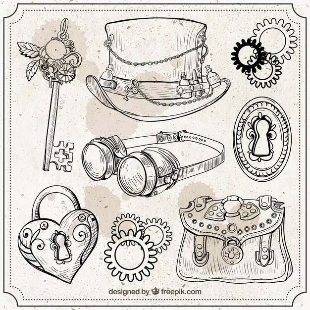 손으로 그린 steampunk 요소 집합