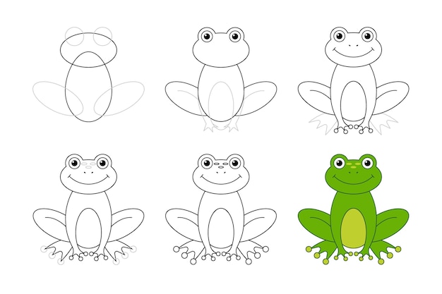 Hand drawn step by step drawing frog