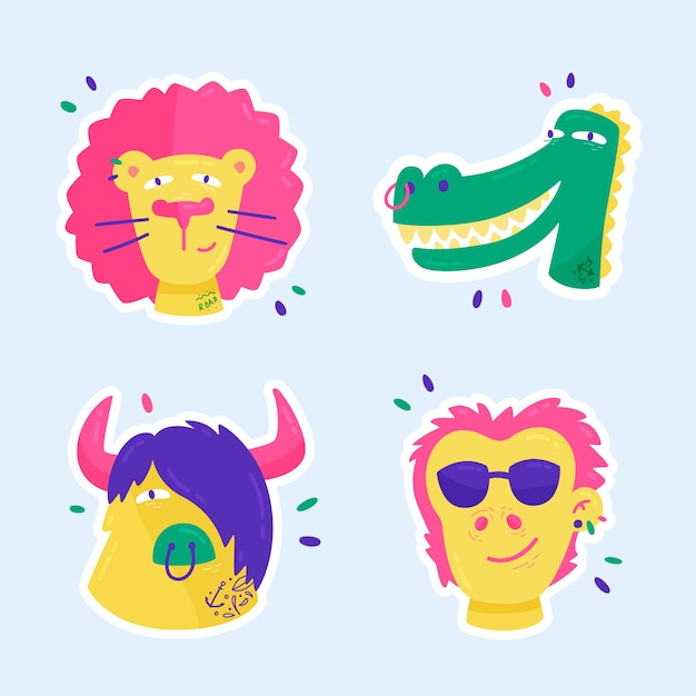 Hand drawn sticker with smiley animals