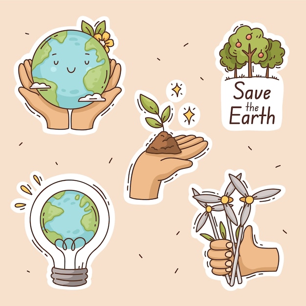 Hand drawn stickers collection for earth day celebration