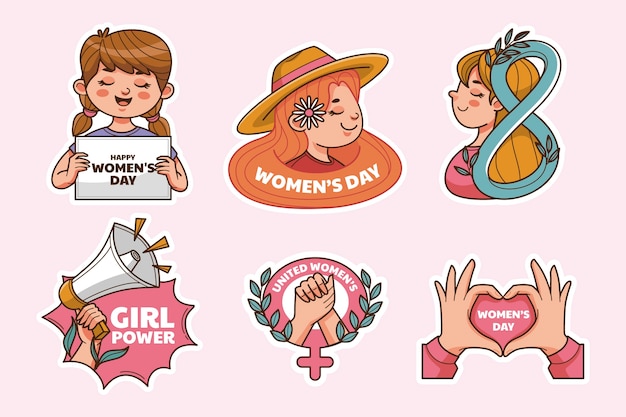 무료 벡터 국제 여성의 날을 기념하기 위해 손으로 그린 스티커 컬렉션.