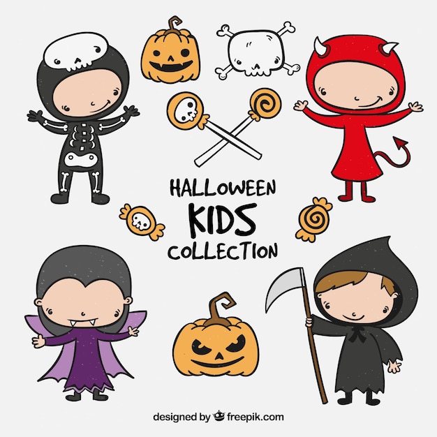 Hand drawn stickers with halloween kids